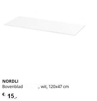 Ikea Nordli bovenblad wit 120x47 cm, Ophalen, 100 tot 150 cm, Nieuw, Minder dan 100 cm