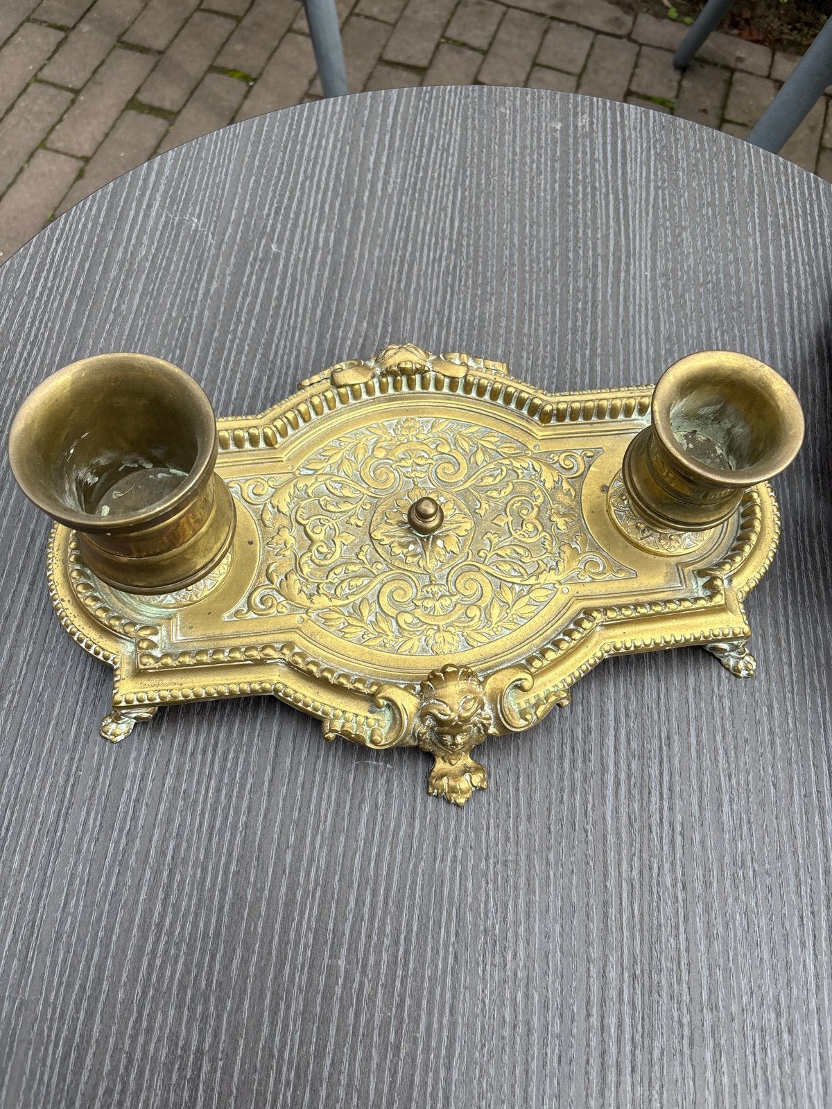 Antieke Messing Inktpottenhouder - Decoratief Bureau-item, Ophalen of Verzenden