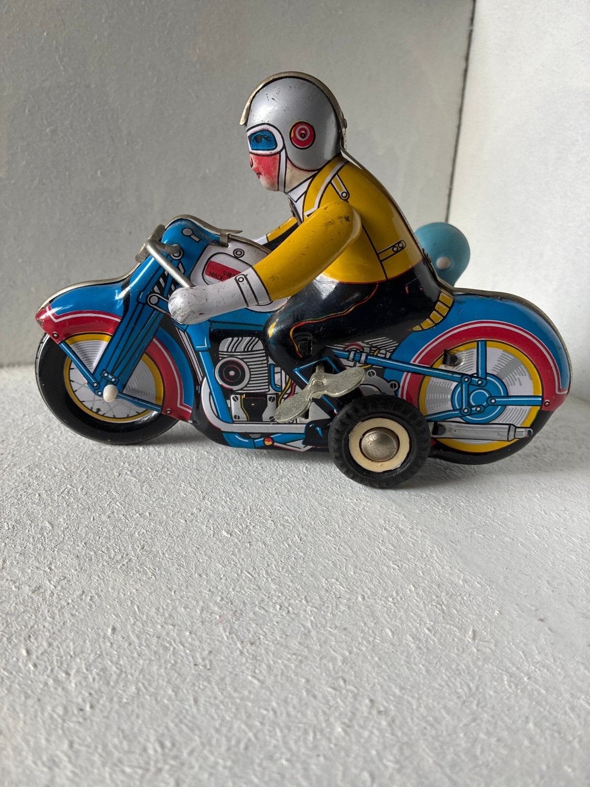 Vintage blikken motor met zijspan - Speelgoed, Antiek en Kunst, Ophalen of Verzenden