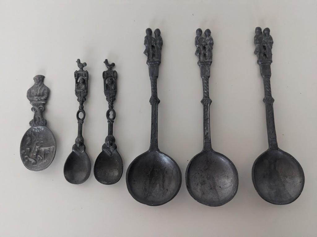 Mooie set vintage tinnen lepels, zie omschrijving, Antiek en Kunst, Ophalen of Verzenden