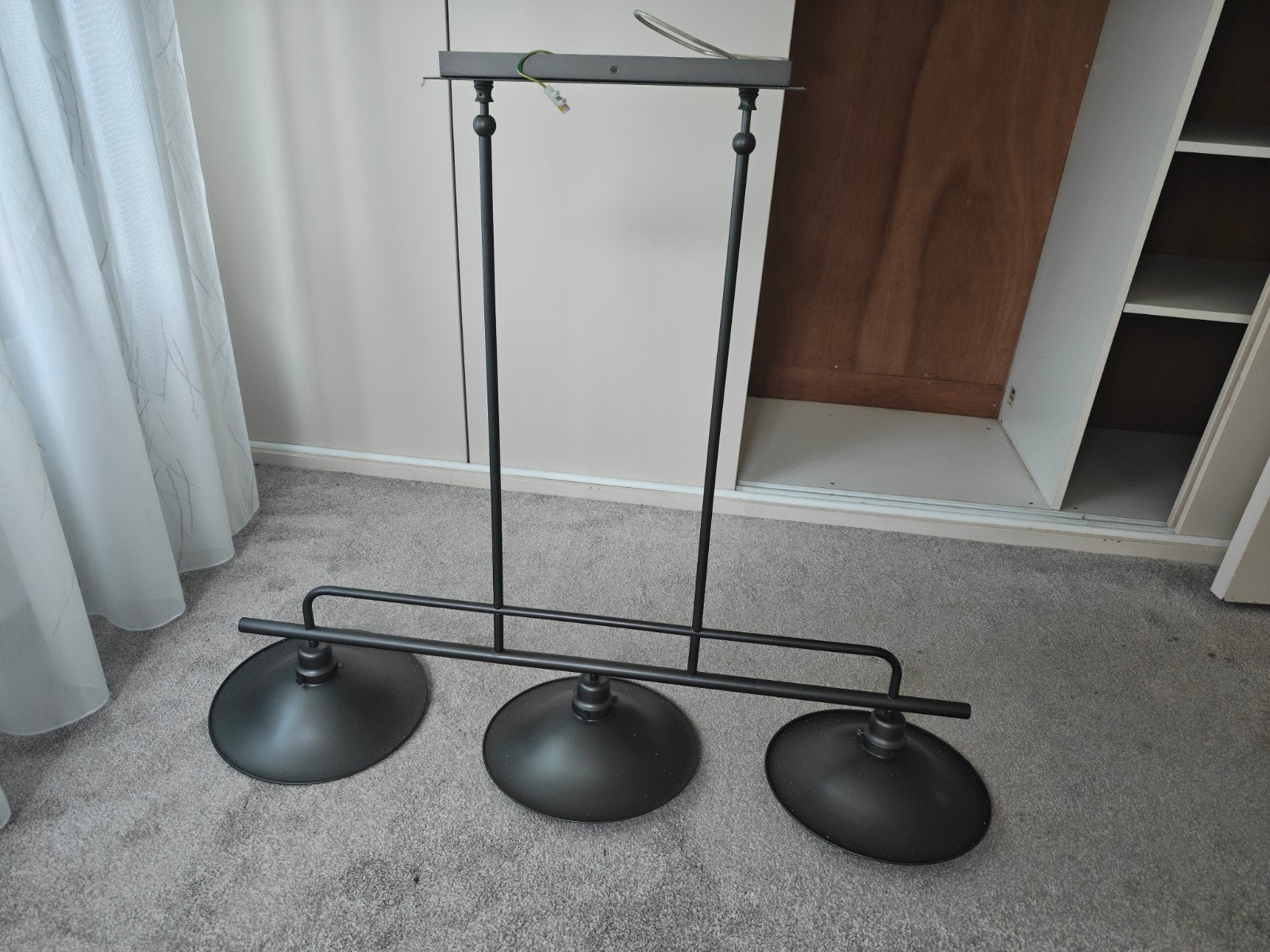 Zwarte hanglamp met 3 kappen, industrieel design, Gebruikt, Metaal, Industrieel, E27 (groot)