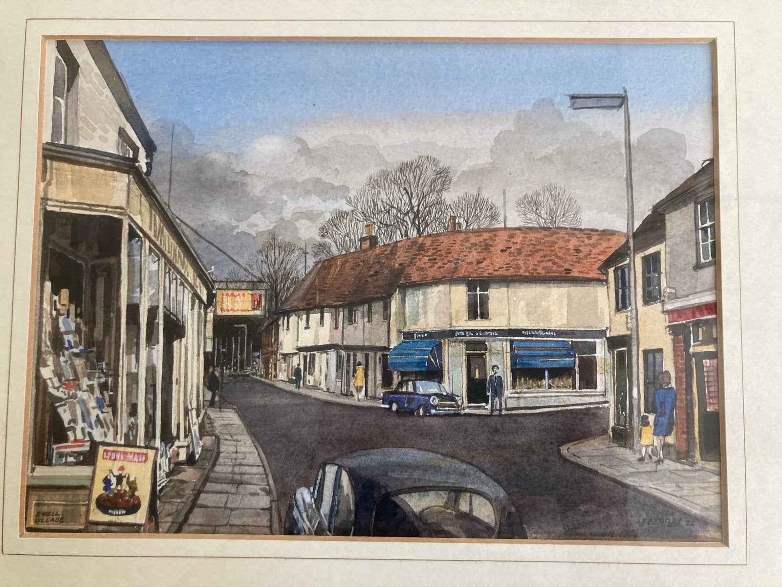 Ingelijste aquarel van een straatbeeld Ewell, Antiek en Kunst, Ophalen of Verzenden