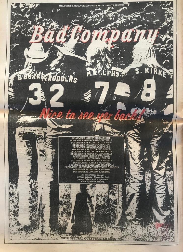 Paginagrote A3 advertentie BAD COMPANY Nice ta see yar back, Ophalen of Verzenden, Zo goed als nieuw, Poprock