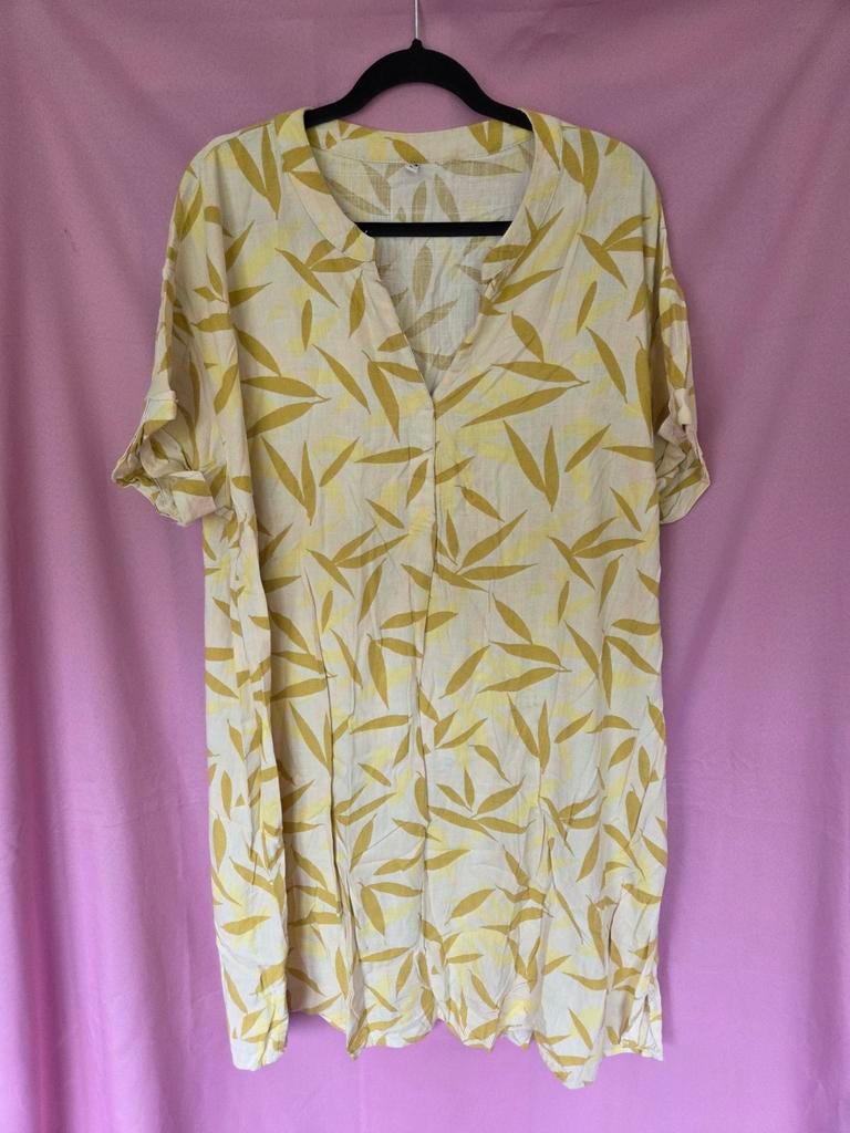 Hema zomerjurk met bladprint, maat L, Kleding | Dames, Geel, Maat 42/44 (L), Ophalen of Verzenden, Zo goed als nieuw