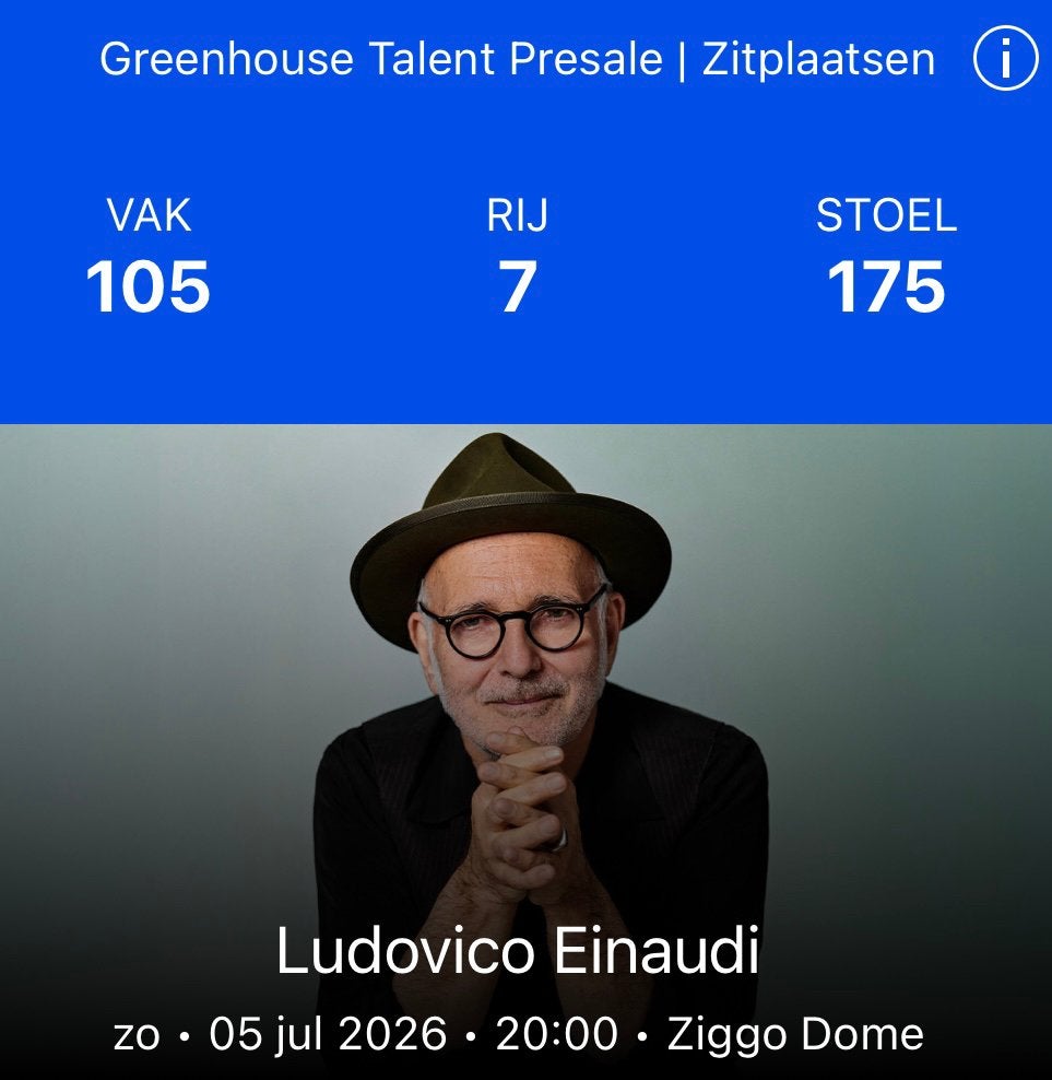 Ludovico Einaudi – Ziggo Dome 5 juli 2026 | Vak 105 Rij 7, Eén persoon, Juli