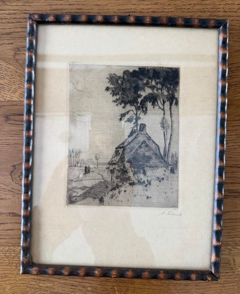 Ingelijste ets van landschap met huisje, gesigneerd A. Frank, Ophalen of Verzenden