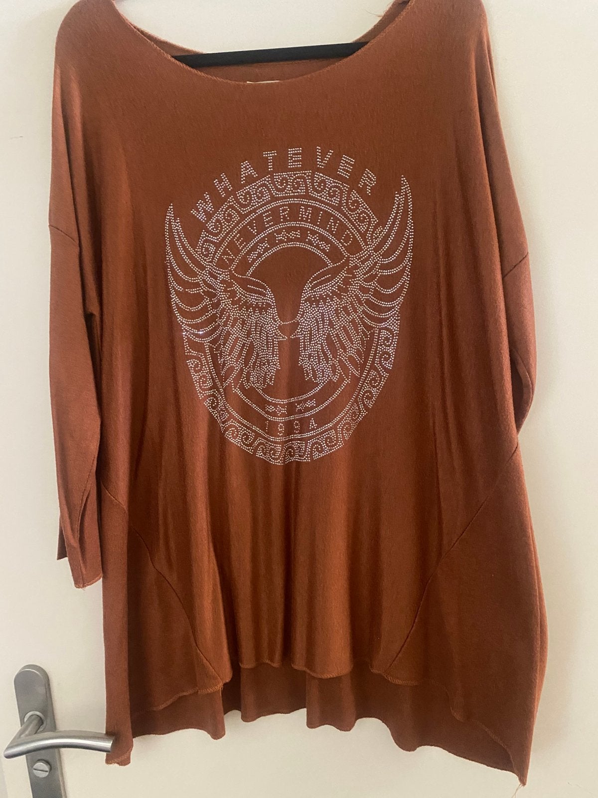 Stoere trui/shirt met strass steentjes, Verzenden, Zo goed als nieuw, Maat 42/44 (L), Bruin