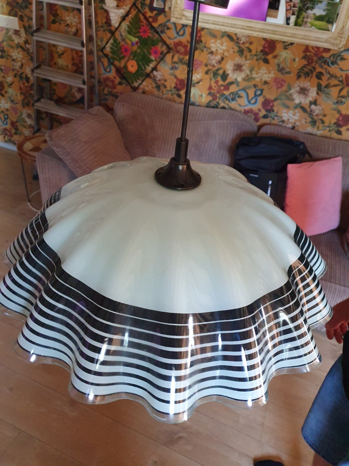 Franse Vintage Plafondlamp met Zwart-Witte Strepen, Ophalen of Verzenden