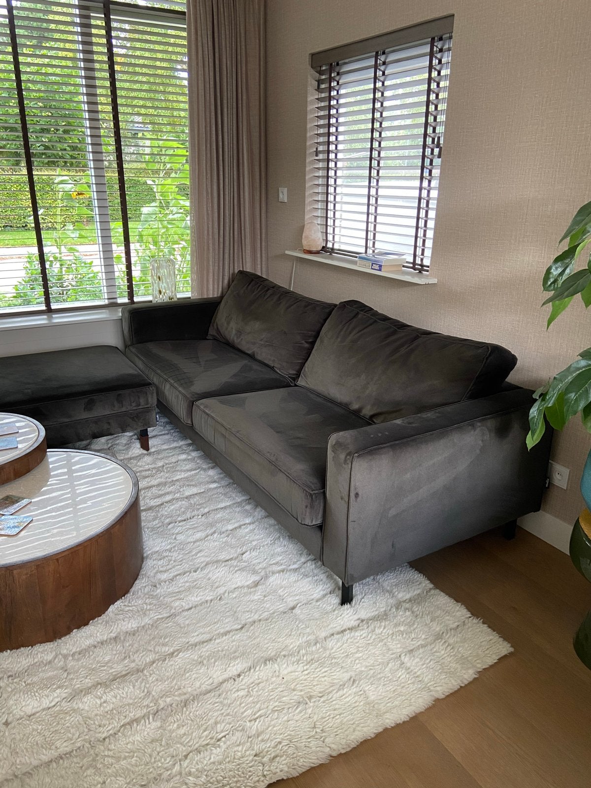 Woood Robin 3-zitsbank Warmgroen fluweel met hocker, Ophalen, Gebruikt, Driepersoons, 75 tot 100 cm