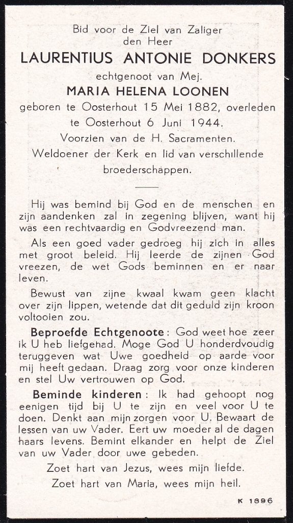 Donkers Laurentius 1882 Oosterhout 1944, Ophalen of Verzenden, Bidprentje