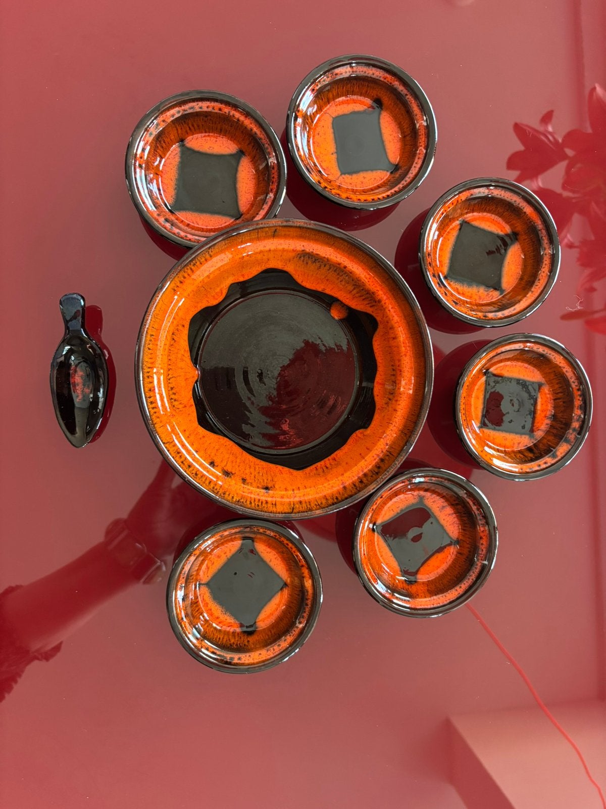 vintage Fat Lava Oranje/bruin 8-delige notenset, jaren 60-70, Ophalen of Verzenden