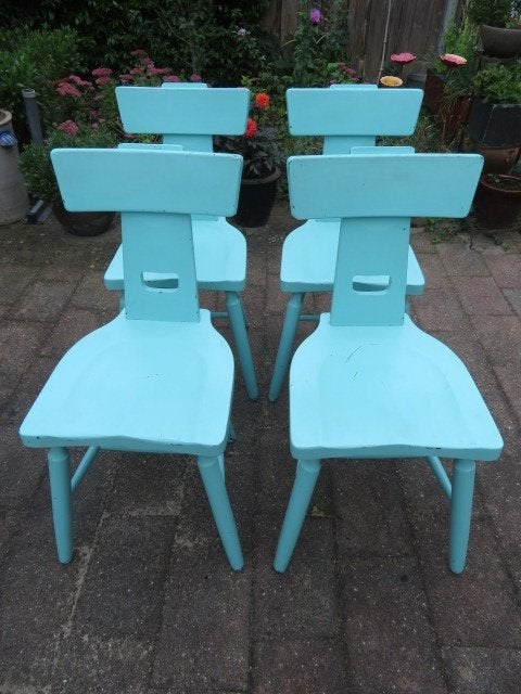 4 Stevige houten stoelen keukenstoelen stoel hout degelijk, Ophalen, Gebruikt, Stoer Solide, Blauw