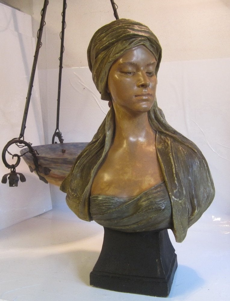 Art nouveau terra cotta buste, GOLDSCHEIDER, 64 cm, ca 1900, Ophalen, Buste, 50 - 100 cm, Gemerkt