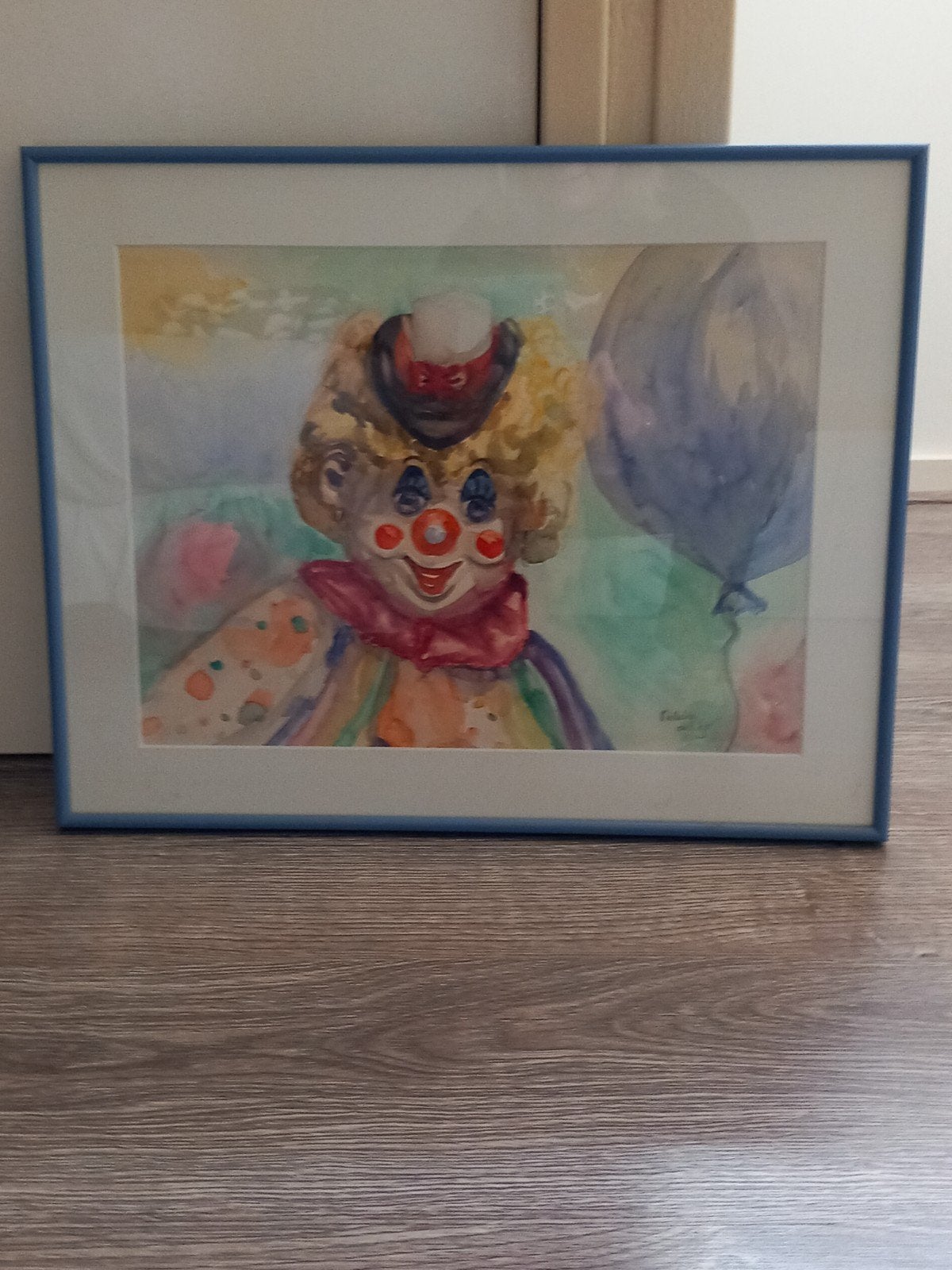 Aquarel schilderij, met blauwe lijst, Ophalen