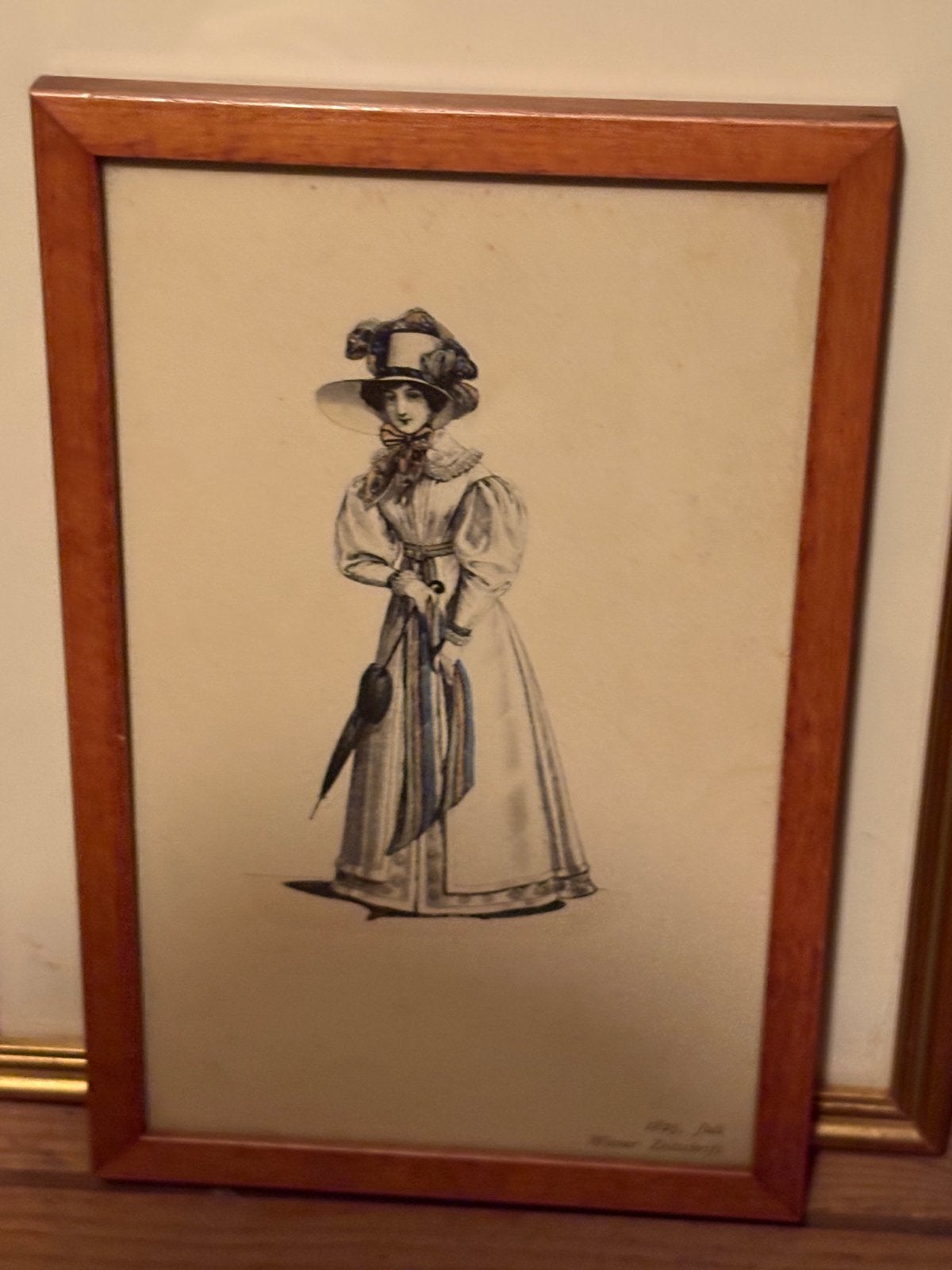 Antieke Modeprent: Dame met Parasol, 1825, Antiek en Kunst, Kunst | Tekeningen en Foto's, Ophalen, Ingelijst