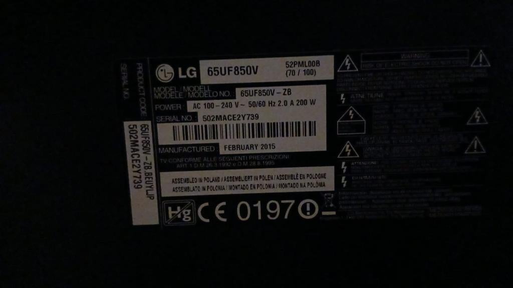 LG 65UF850V defekt, Ophalen, 100 cm of meer, 50 Hz, LG