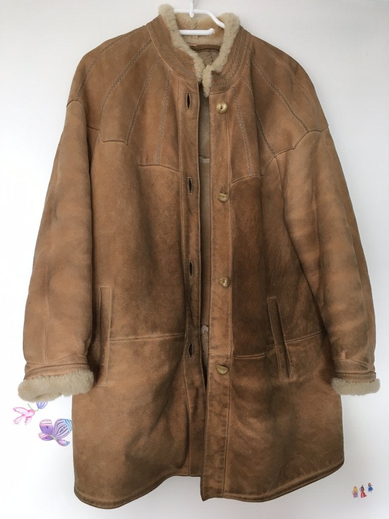 Vintage retro leren lammycoat coat winterjas jas boho hippie, Bruin, Maat 42/44 (L), Ophalen of Verzenden, Vintage