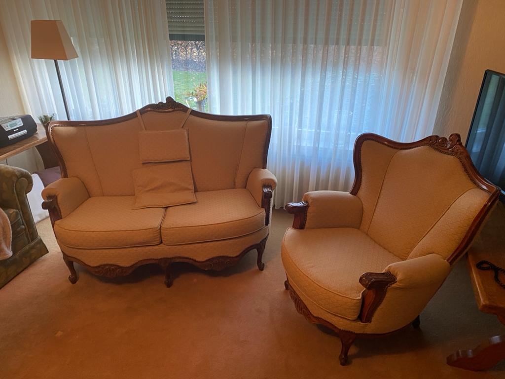 Vintage 2-zits bank en fauteuil set, Huis en Inrichting, Banken | Bankstellen, Ophalen, Gebruikt, 150 tot 200 cm, Tweepersoons