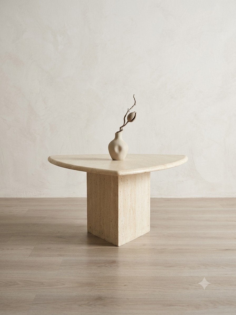 Vintage mid century salontafel | beige travertin, Ophalen, 100 tot 150 cm, 50 tot 100 cm, Zo goed als nieuw