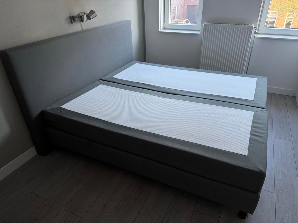 Tweepersoons boxspring in groen/grijze stof, Ophalen, Gebruikt, Tweepersoons, 180 cm
