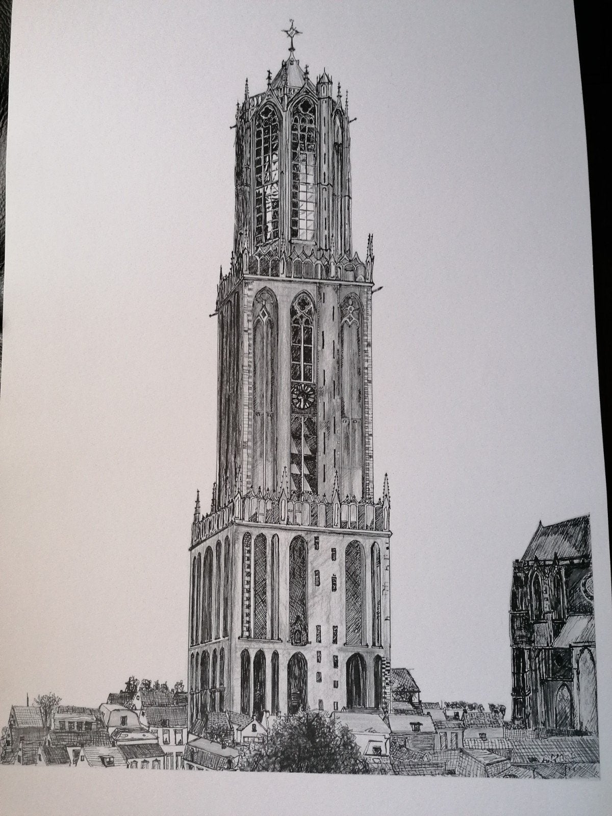 Gedetailleerde tekening van de Domtoren in Utrecht, Ophalen of Verzenden, Tekening, Overige technieken, Origineel
