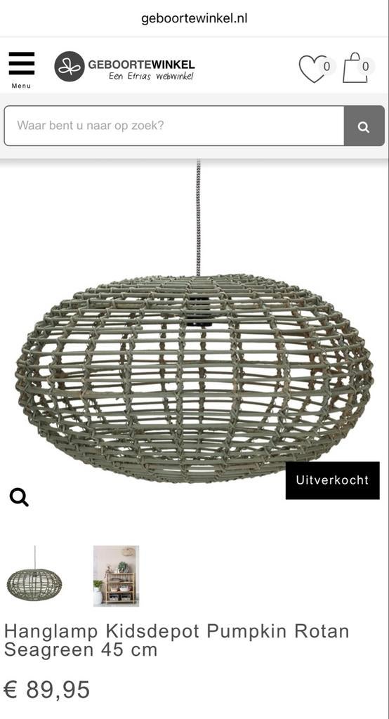 Hanglamp Kidsdepot Pumpkin Rotan Seagreen 45 cm, Ophalen, Zo goed als nieuw, Hout, Minder dan 50 cm