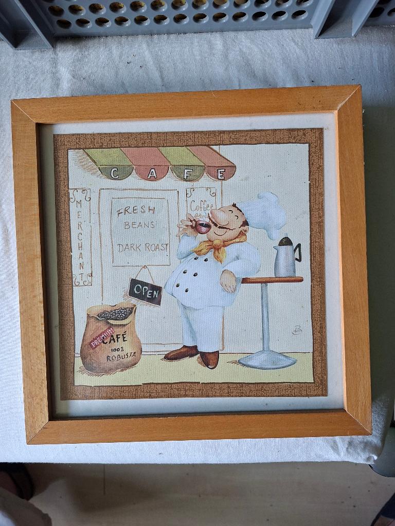 schilderijtje (25,5 X 25,5) kok met koffie, Huis en Inrichting, Woonaccessoires | Schilderijen, Tekeningen en Foto's, Ophalen of Verzenden