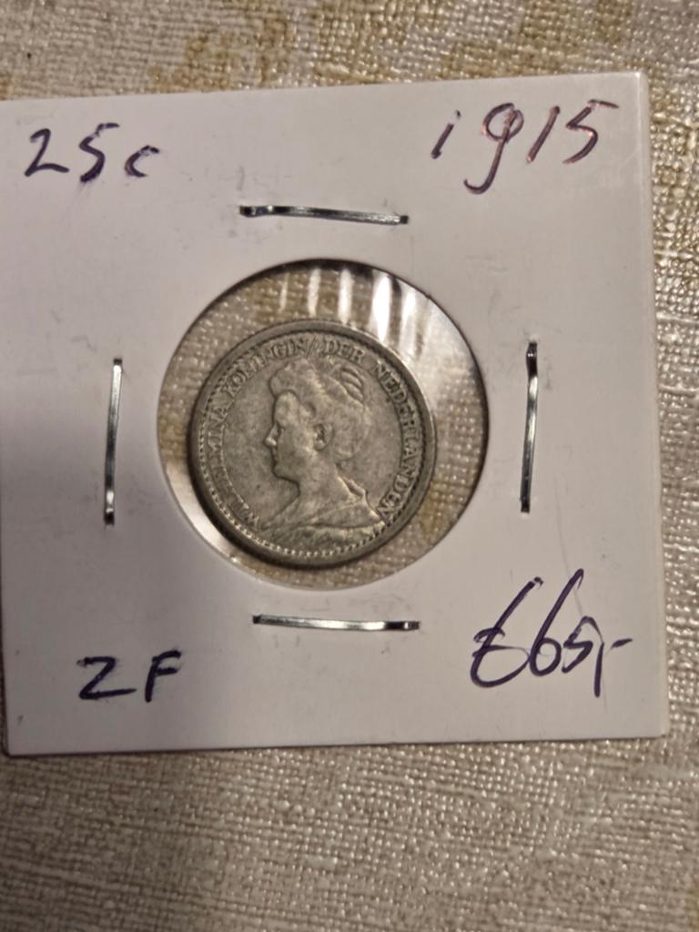 Kwartje 1915 Koningin Wilhelmina Zilver, Zilver, 25 cent, Ophalen of Verzenden, Koningin Wilhelmina