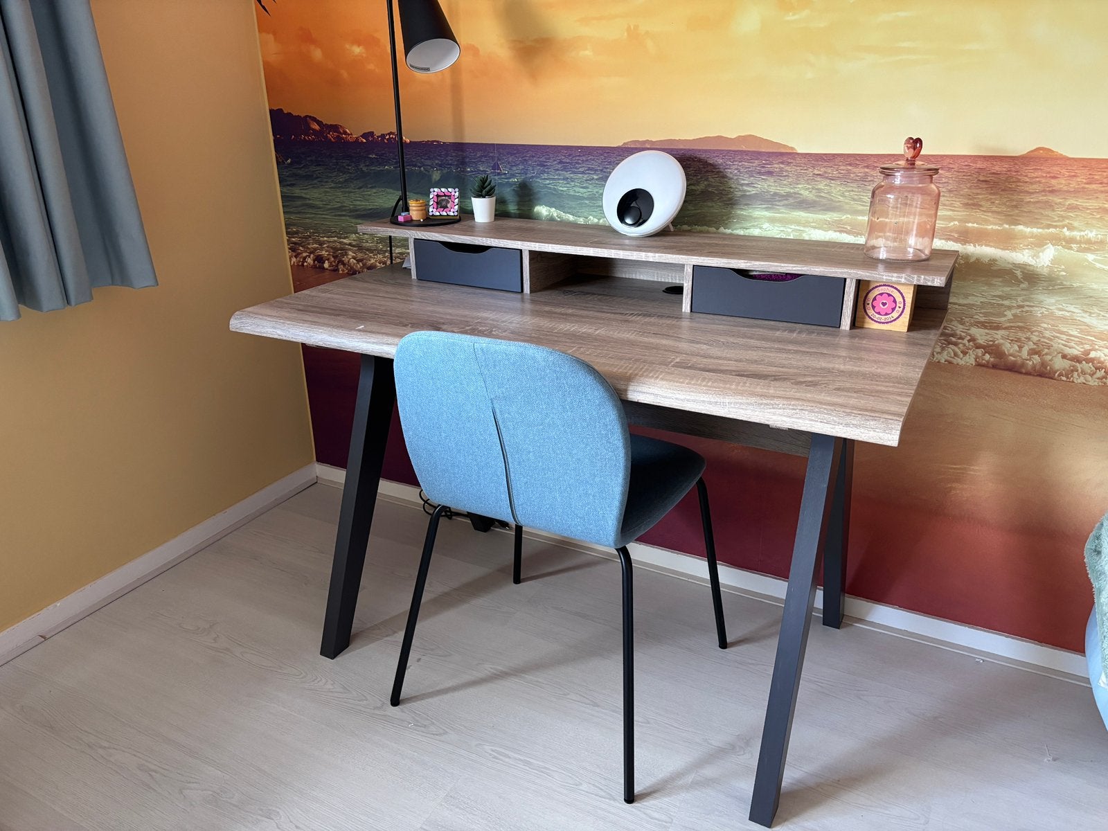 Compact bureau (120 cm) met opzetstuk en 2 laatjes, houtlook, Gebruikt, 120 cm, 62 cm, Spaanplaat of MDF