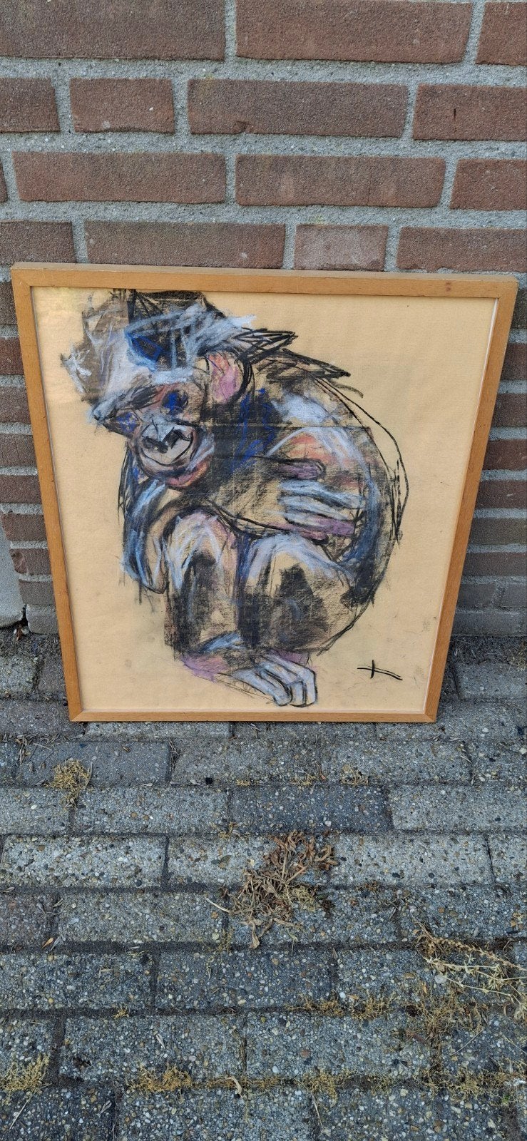 mixed media tekening aap JanKruis, Huis en Inrichting, Woonaccessoires | Schilderijen, Tekeningen en Foto's, Ophalen, Minder dan 50 cm