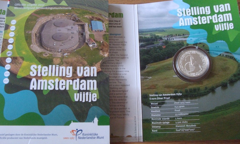 Vijf euro munt vijfje Stelling van Amsterdam 2017 proof, Koningin Juliana, Zilver, Euro's, Ophalen of Verzenden