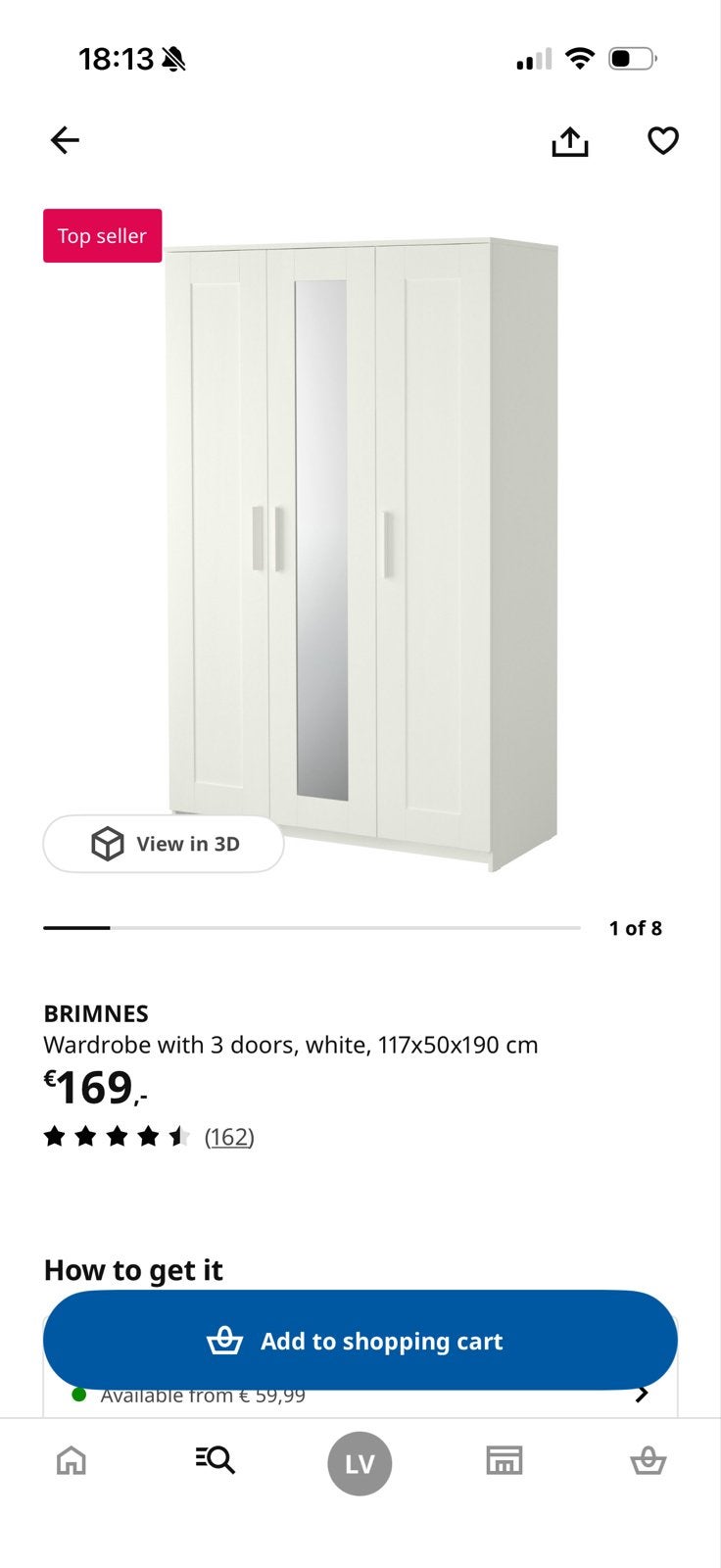 IKEA BRIMNES Kledingkast met 3 deuren, wit, 117x50x190 cm, Huis en Inrichting, Kasten | Kledingkasten, Ophalen, Gebruikt, 100 tot 150 cm