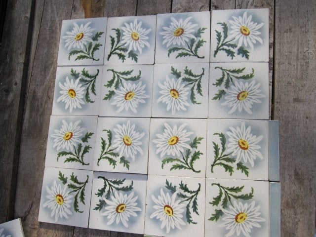25 stuks Art nouveau wandtegels met Margriet, grijsblauw, Ophalen