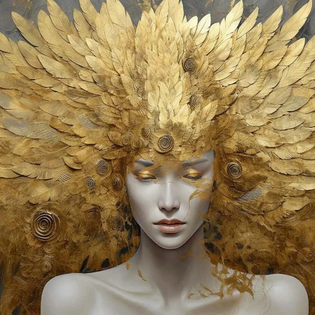 Glasschilderij vrouw met gouden verentooi, Gehard glas, Schilderij, Nieuw, Ophalen of Verzenden, Glas