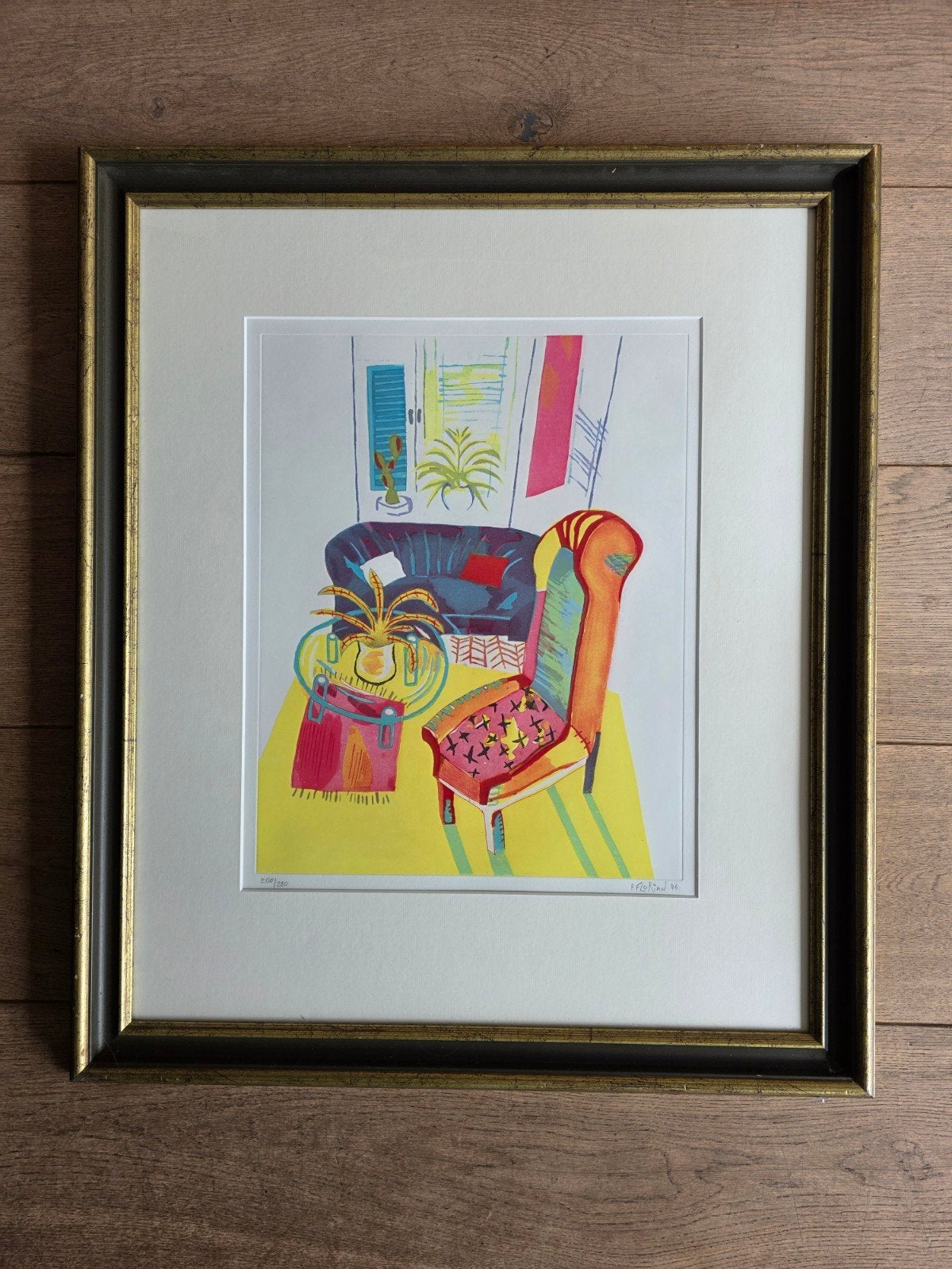 Litho Peter Florian - Interieur met stoel en bank (1996), Antiek en Kunst, Ophalen