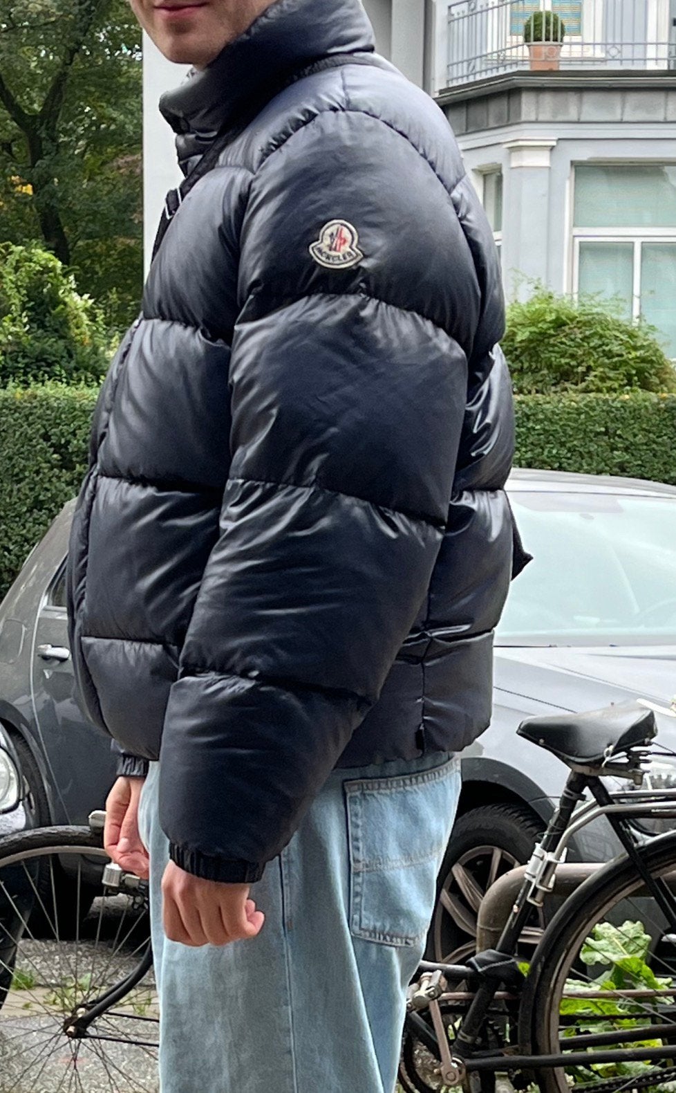 Moncler Jas Navy, Ophalen, Gedragen, Maat 52/54 (L), Blauw