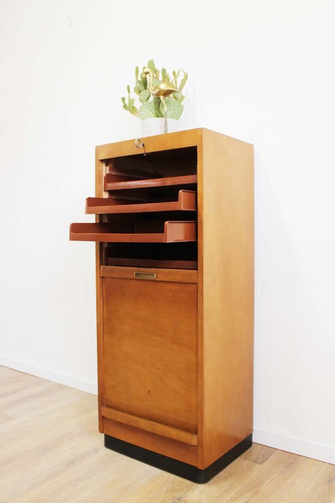 Houten vintage rolluik kast. Retro archiefkast met roldeur., Ophalen, O, Retro, vintage, design, mid century, scandinavisch, 100 tot 150 cm