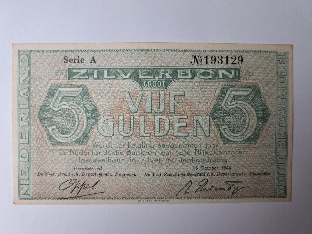 Zilverbon 5 gulden 1944, Postzegels en Munten, Bankbiljetten | Nederland, Verzenden, 5 gulden, Los biljet