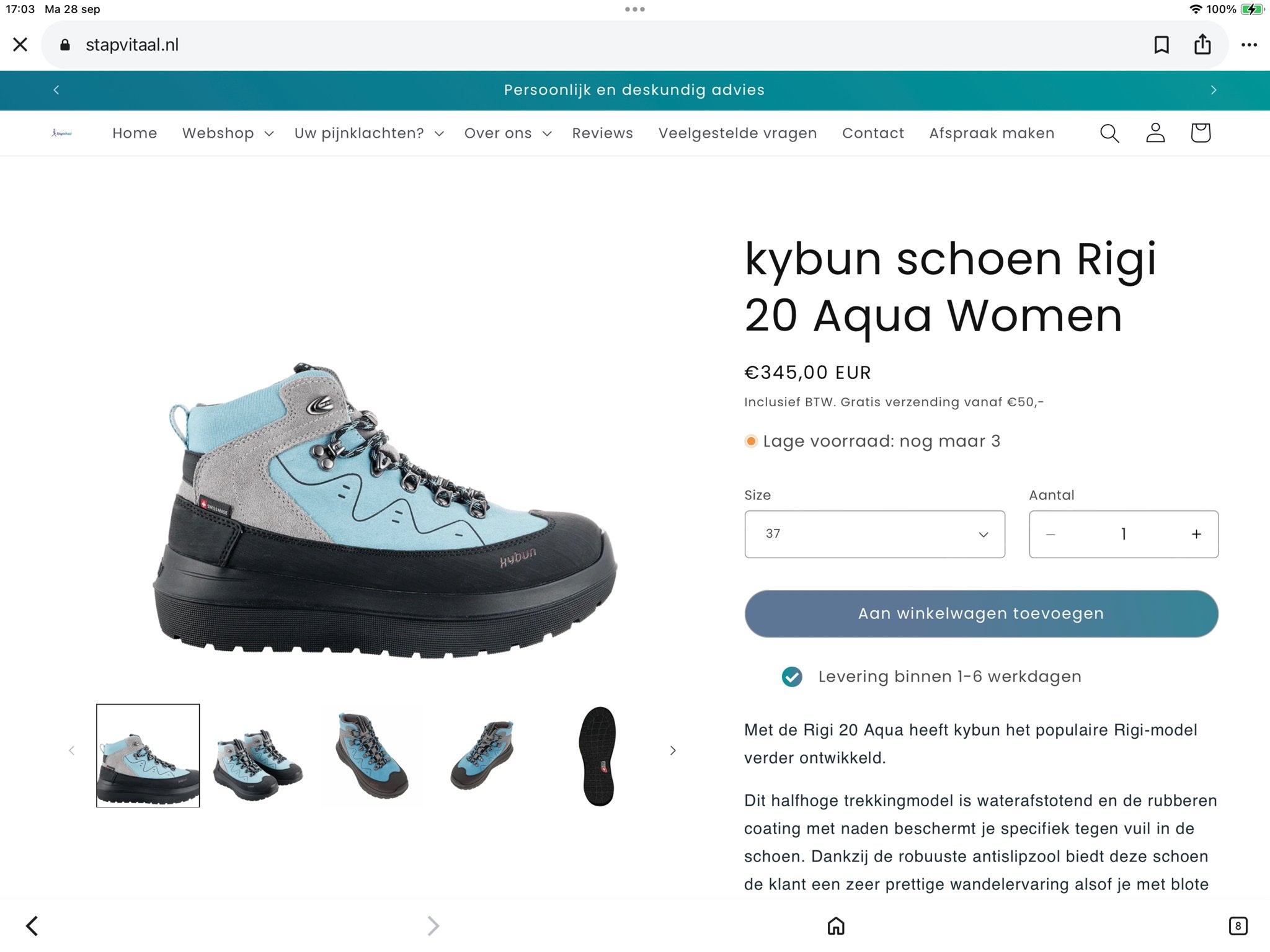 Kybun Rigi 20 Aqua Women wandelschoenen - Maat 41 2/3, Kleding | Dames, Ophalen of Verzenden, Nieuw, Blauw, Wandelschoenen