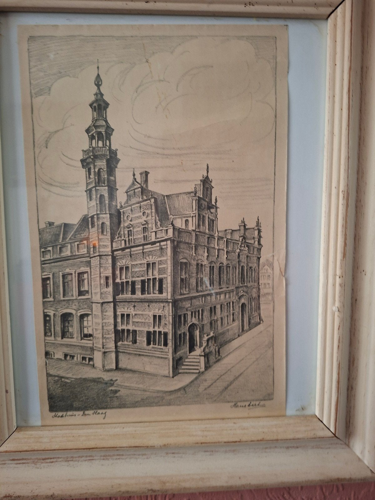 Oud Stadhuis Den Haag - Hans Beek - Potloodtekening, Antiek en Kunst, Ophalen, Tekening, Potloodtekening, Gesigneerd