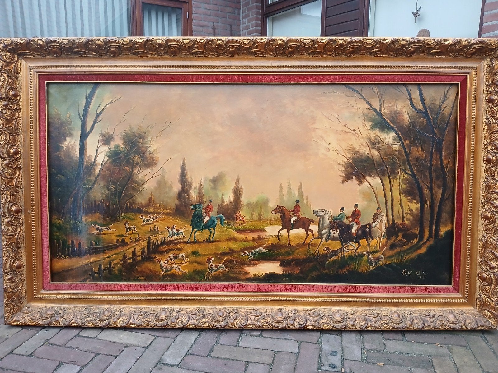 Groot schilderij jachttafereel, Ophalen, Doek, Gedateerd, Dieren