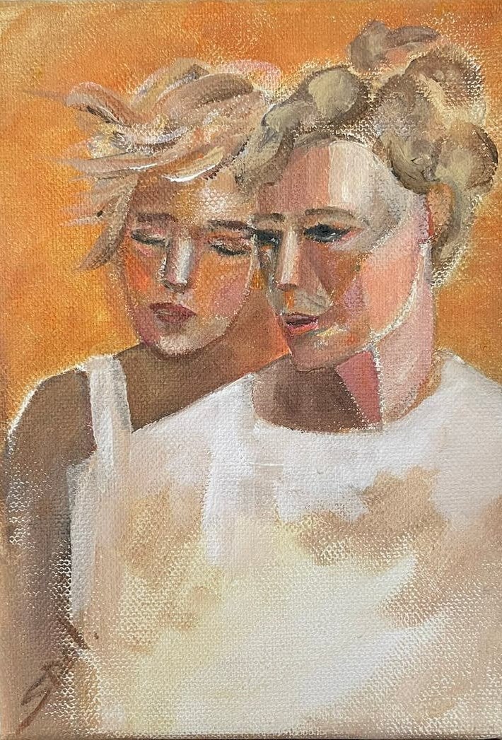 Schilderij “ Moeder dochter “, Minder dan 50 cm, Oorspronkelijke maker, Nieuw, Ophalen of Verzenden