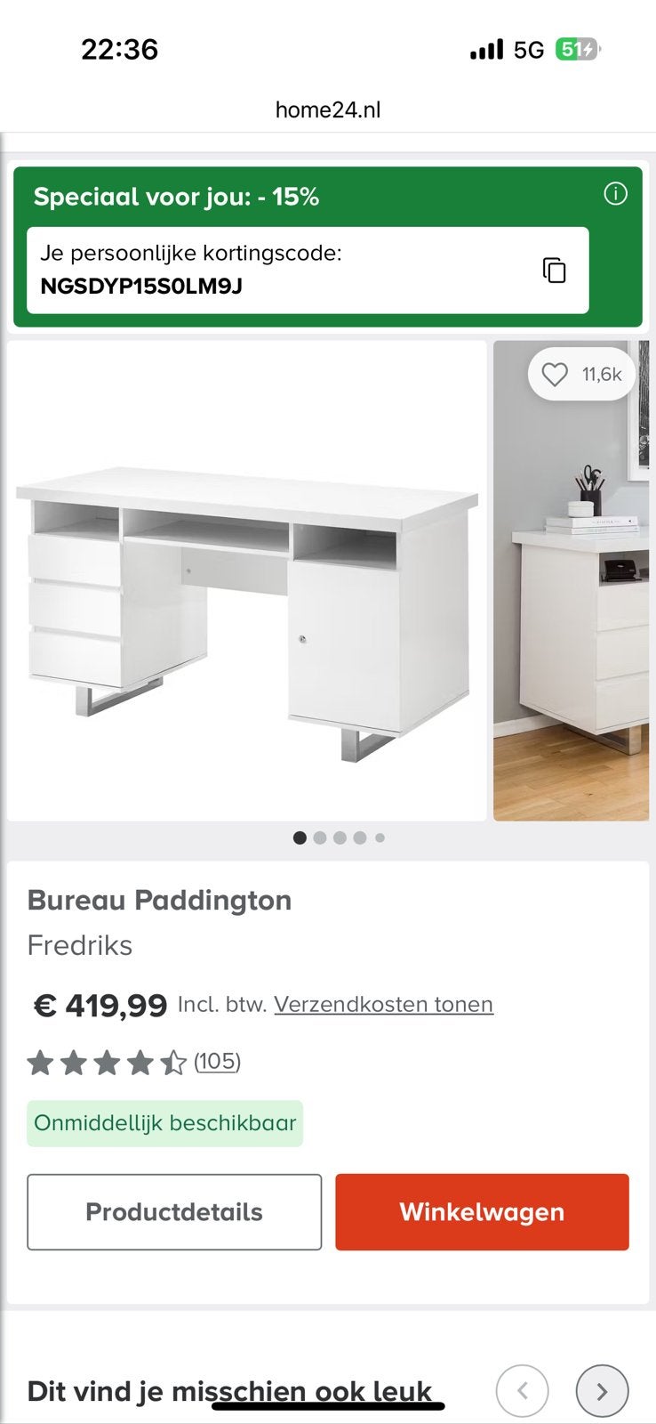 Bureau hoogglans wit €100, Ophalen, Tweepersoons, 140 cm, Zo goed als nieuw
