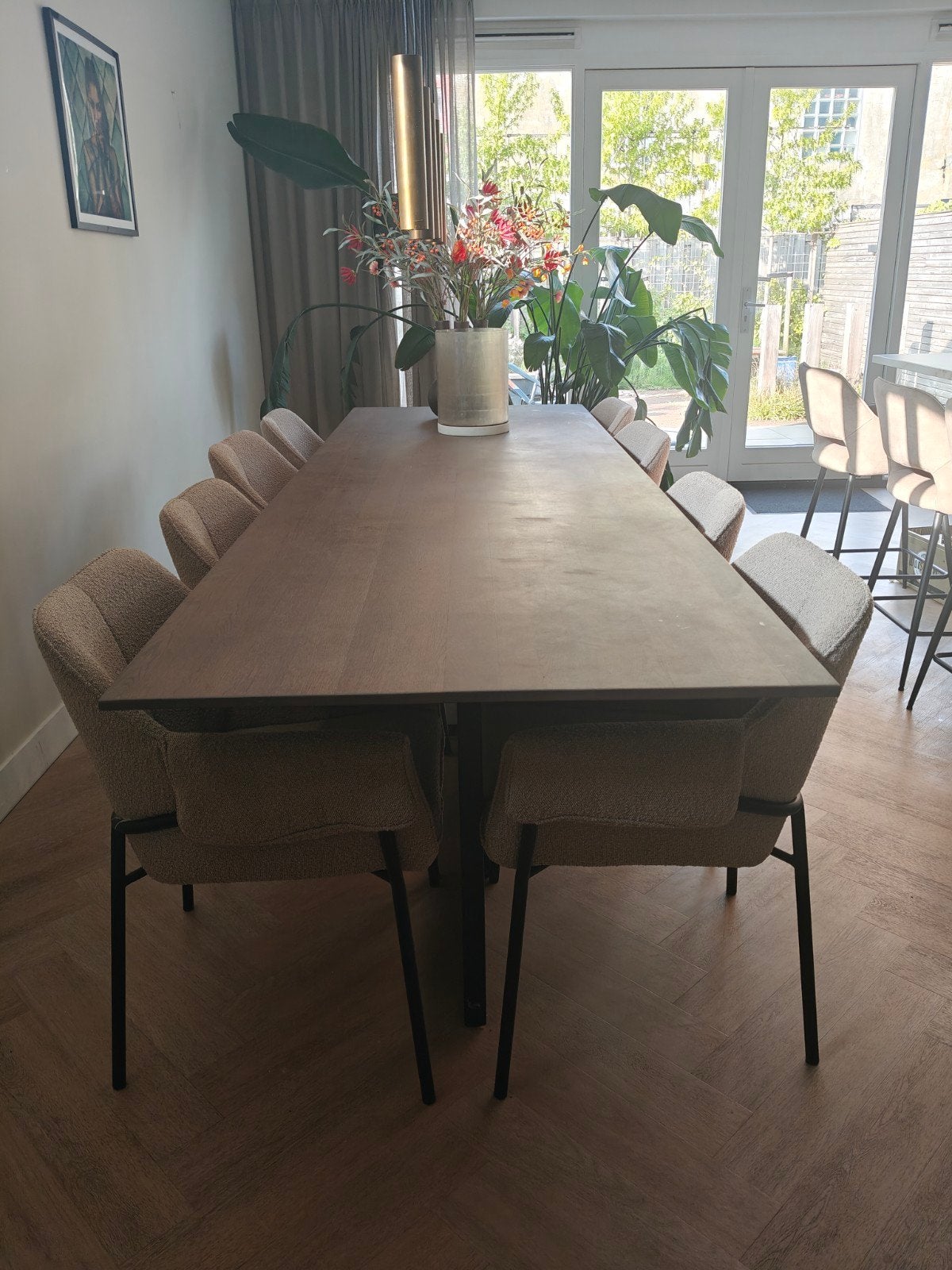 Set designtafel met 8 moderne eetkamerstoelen, beige stof, Gebruikt, Overige kleuren, Ophalen of Verzenden, Stof