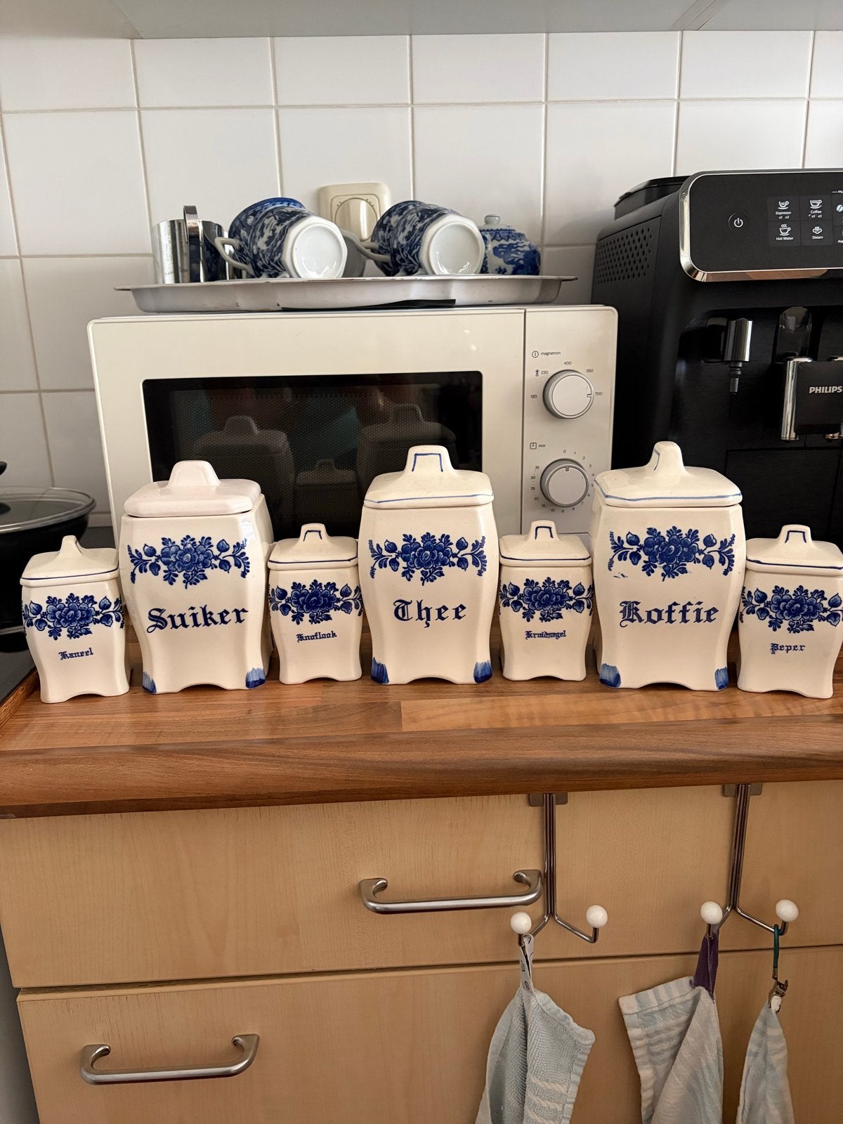 Delfts blauw voorraadpotten set - Suiker, Koffie, Thee, Ophalen, Gebruikt, Voorraadpot, Steen/keramiek