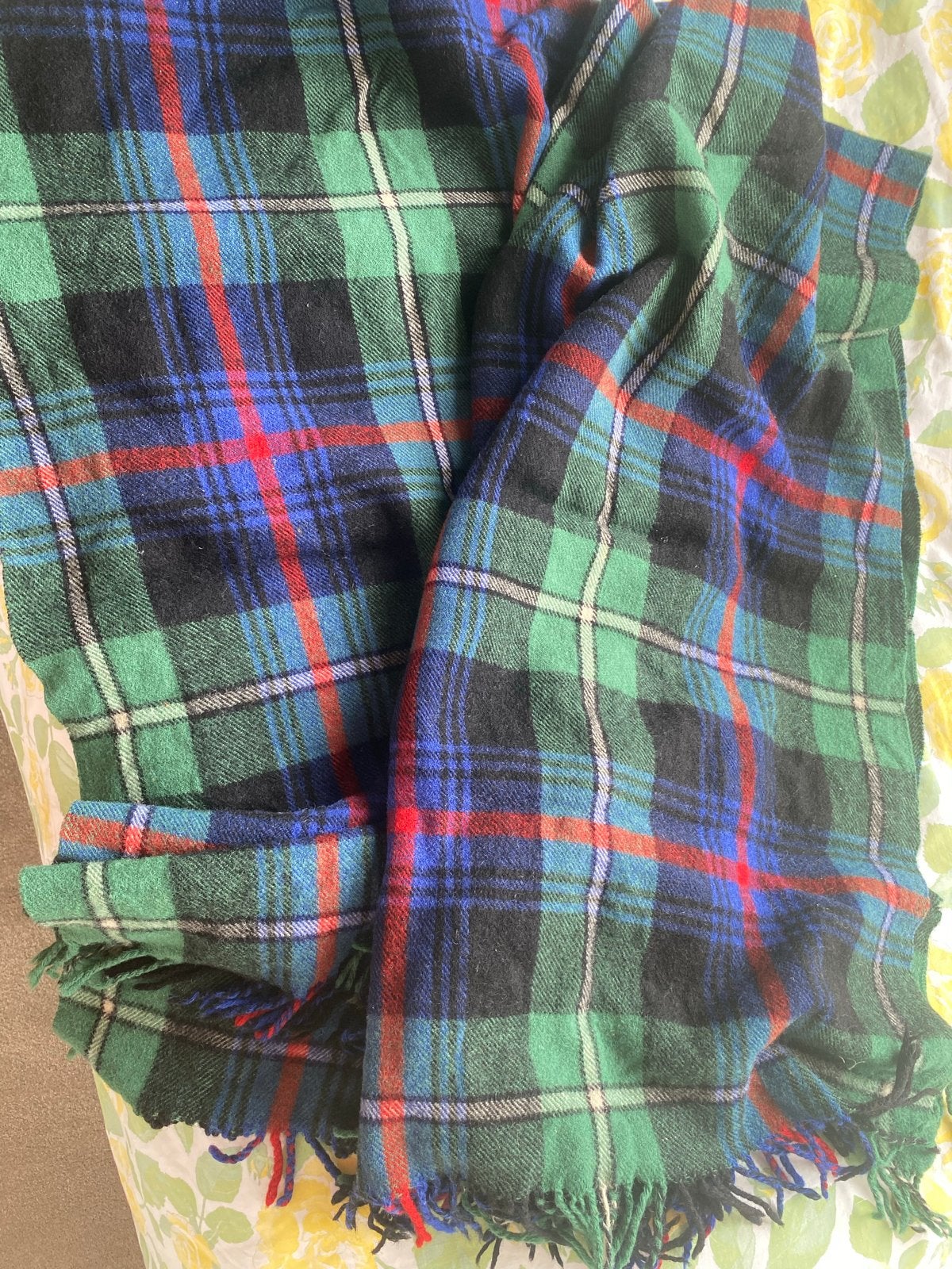 Geruite plaid in groen, blauw en rood, Ophalen, Gebruikt, Met franjes/kwastjes, Plaid