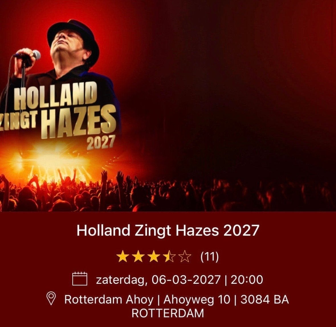 Holland Zingt Hazes 6 maart 2027 staanplaats Dek, Tickets en Kaartjes, Eén persoon, Maart