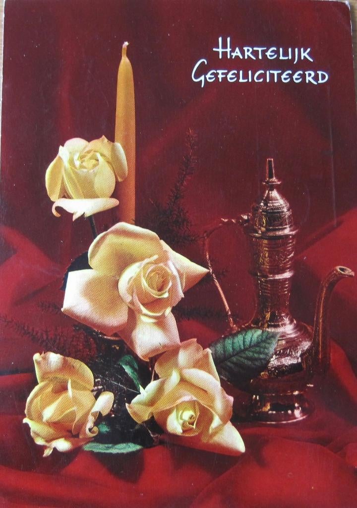 hartelijk gefeliciteerd -koperen koffieketel-gele rozen-1972, Verzenden, 1960 tot 1980, Gelopen, Overige thema's