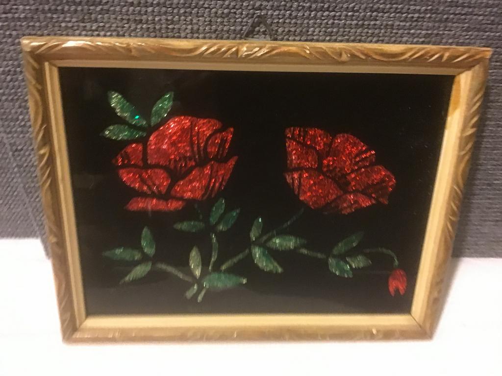 Vintage schilderijtje met glinsterende bloemen, Ophalen of Verzenden
