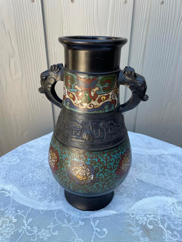 Antieke Bronzen Japanse Champlevé/Cloisonné Vaas, Ophalen of Verzenden